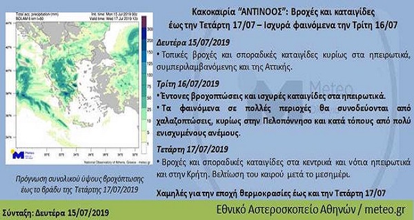 «ΑΝΤΙΝΟΟΣ» : Ισχυρές βροχές και καταιγίδες έως την Τετάρτη 17/07/2019