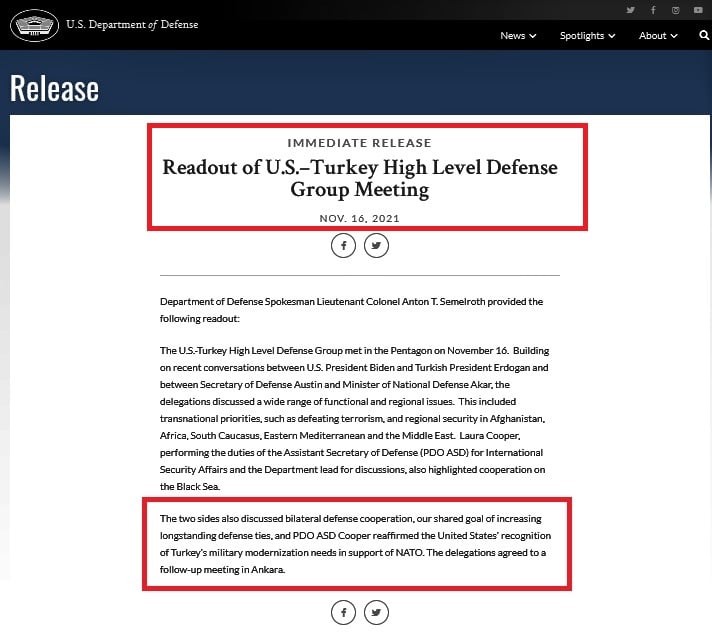 Readout of U S –Turkey High Level Defense Group Meeting 1