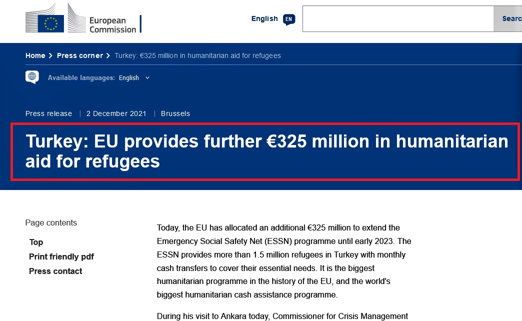 Turkey E325 million in humanitarian aid for refugees