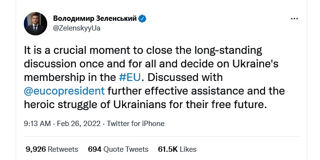 Ζελένσκι εν μέσω πολέμου-Είναι η κρίσιμη στιγμή να αποφασίσουμε για την ένταξη της Ουκρανίας στην Ε.Ε 6 Володимир Зеленський on Twitter