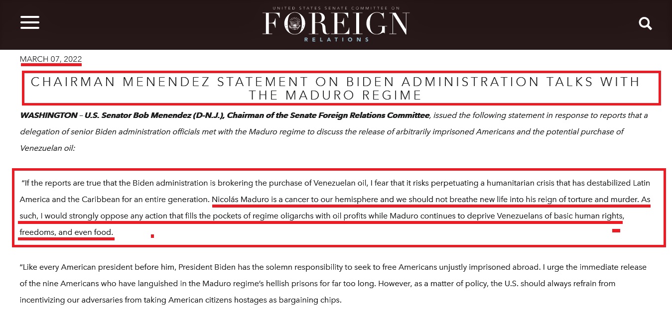 Screenshot 2022 03 09 at 09 31 03 Chairman Menendez Statement on Biden Administration Talks with the Maduro Regime United S...