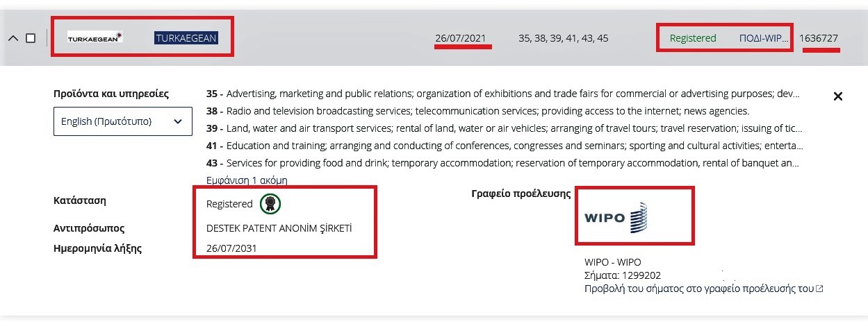Το "turkaegean" έχει εγκριθεί και από τον Παγκόσμιο Οργανισμό Διανοητικής Ιδιοκτησίας (WIPO) 6 TURKAEGEAN WIPO