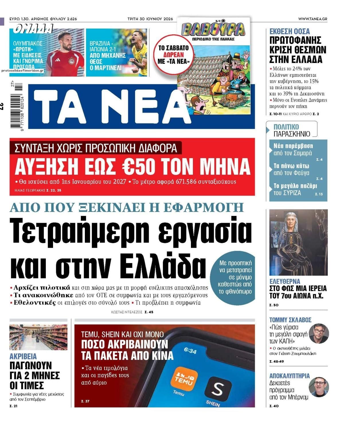 Τα πρωτοσέλιδα των εφημερίδων σήμερα Τριτη