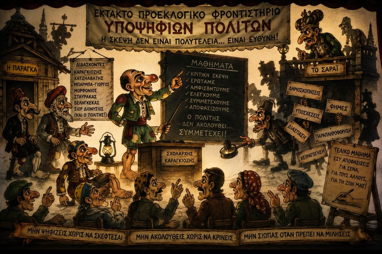 Λειτουργία «Έκτακτου Προεκλογικού Φροντιστηρίου Υποψηφίων Πολιτών» εντός της Παράγκας του Καραγκιόζη - Μια προσέγγιση της ιδέας μαζί με την Τεχνητή Νοημοσύνη