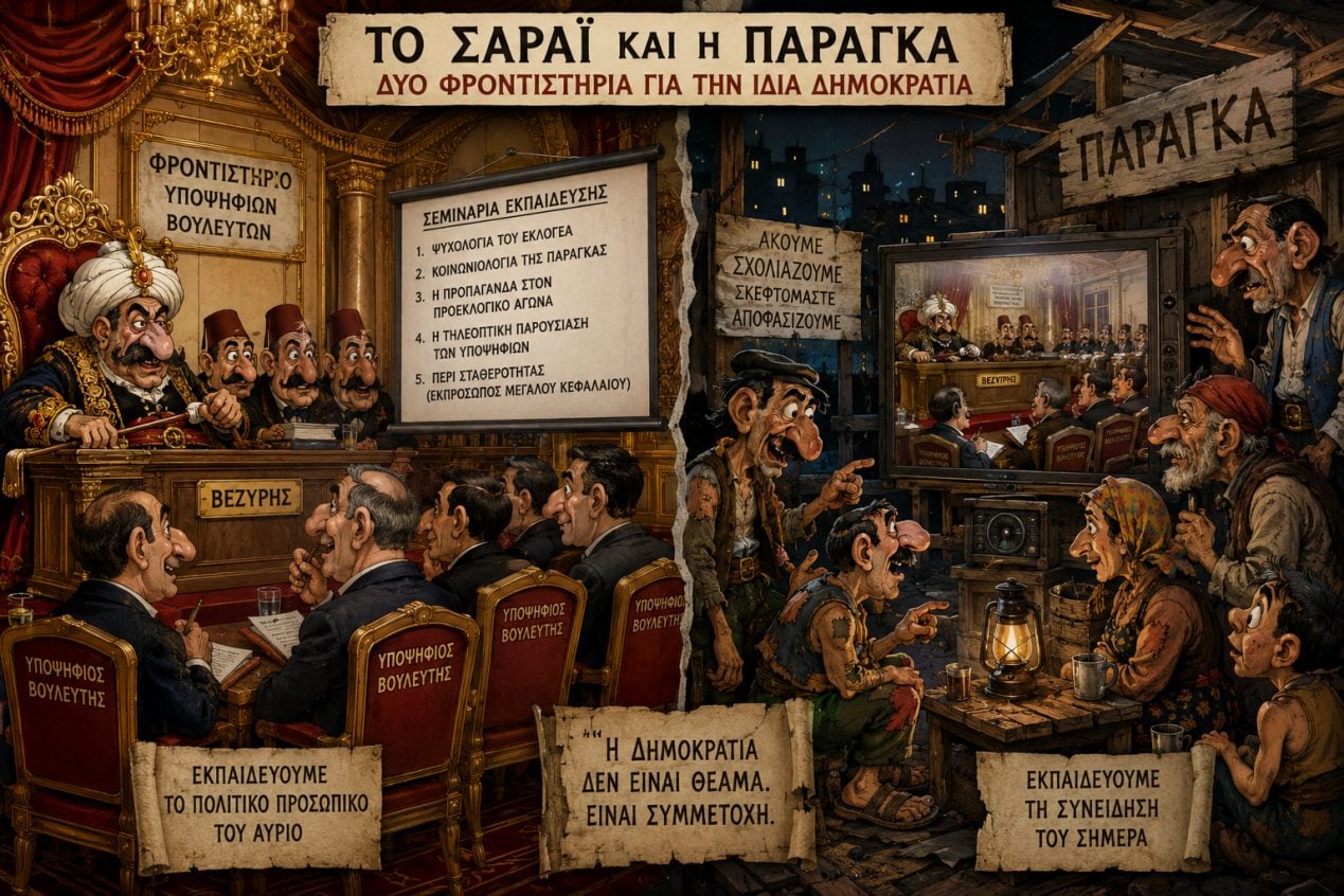  «Φροντιστήριο Υποψήφιων Βουλευτών» (λειτουργεί εντός του Σαραγιού) με την Παράγκα του Καραγκιόζη σε Live Streaming με το Σαράι