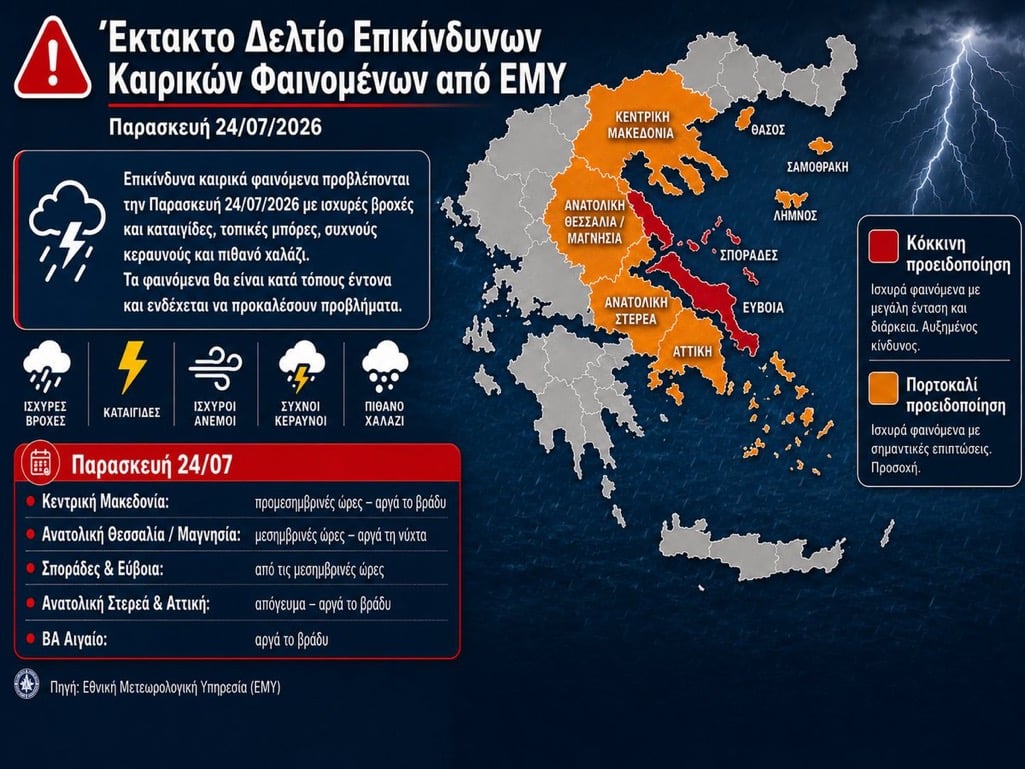 Έκτακτο Δελτίο Επικίνδυνων Καιρικών Φαινομένων από την ΕΜΥ