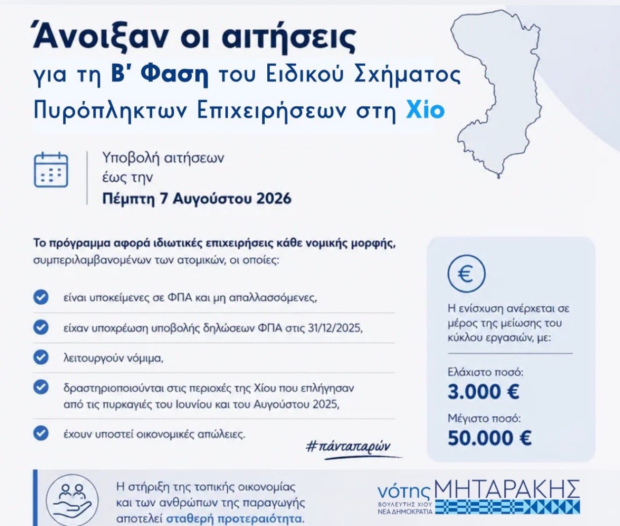 Άνοιξαν οι αιτήσεις για τη Β' Φάση του Ειδικού Σχήματος Στήριξης Πυρόπληκτων Επιχειρήσεων στη Χίο
