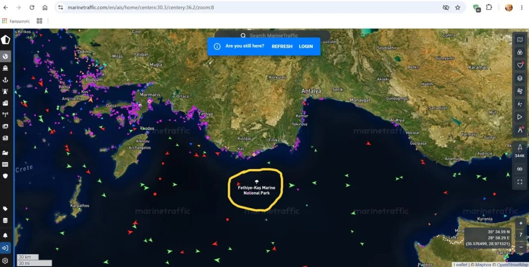 Καστελλόριζο: Το MarineTraffic εμφανίζει εκεί το τουρκικό θαλάσσιο πάρκο «Fethiye–Kaş»