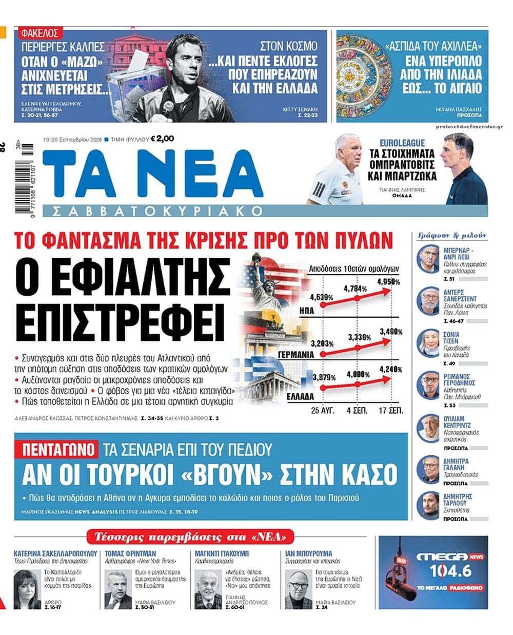Τα πρωτοσέλιδα των εφημερίδων σήμερα Σάββατο