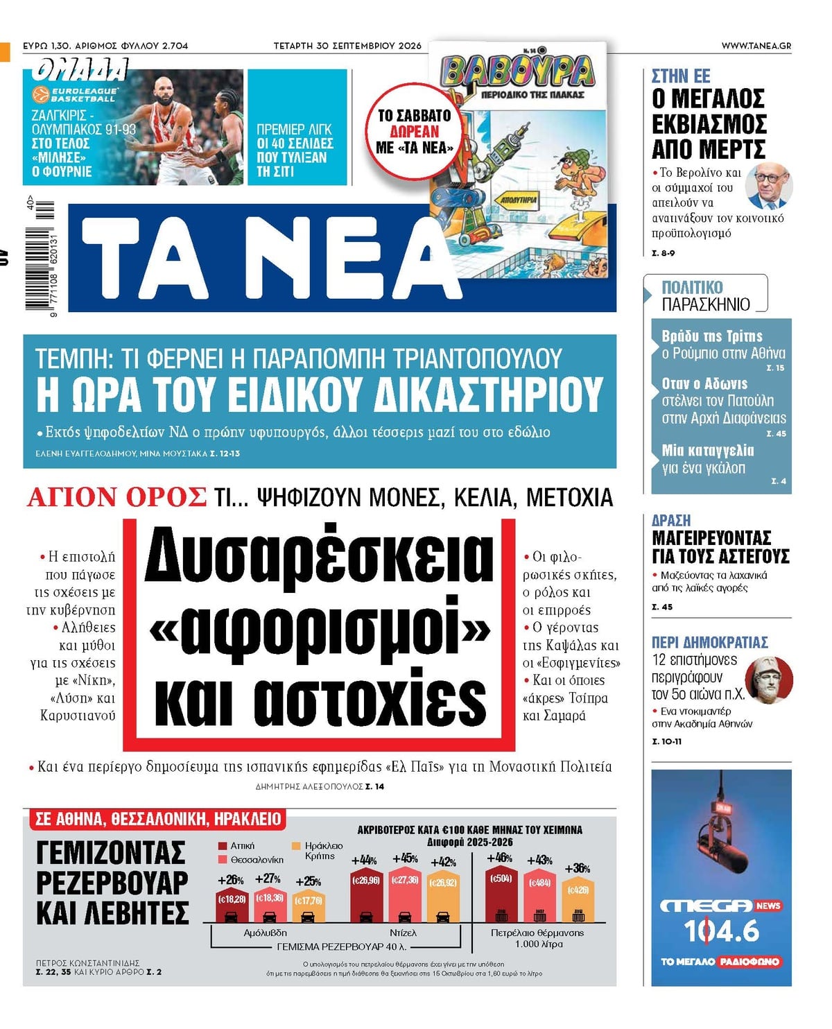 Τα πρωτοσέλιδα των εφημερίδων σήμερα Τετάρτη