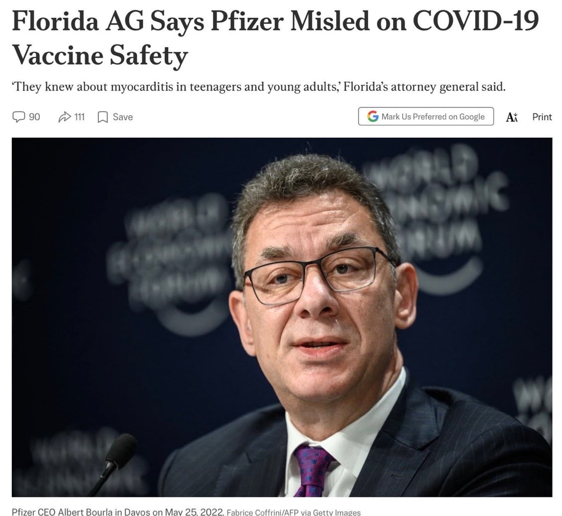 Εισαγγελική παρέμβαση κατά της Pfizer και του Μπουρλά από τον γενικό εισαγγελέα της Φλόριντα για τα εμβόλια Covid
